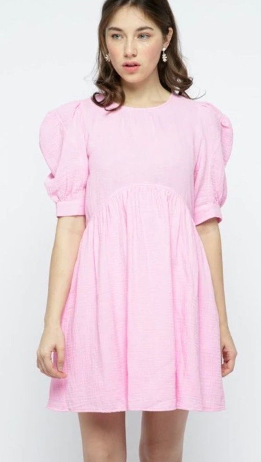 &Merci Pink Puff Sleeve Mini Dress Cotton Blend Babydoll Size Medium